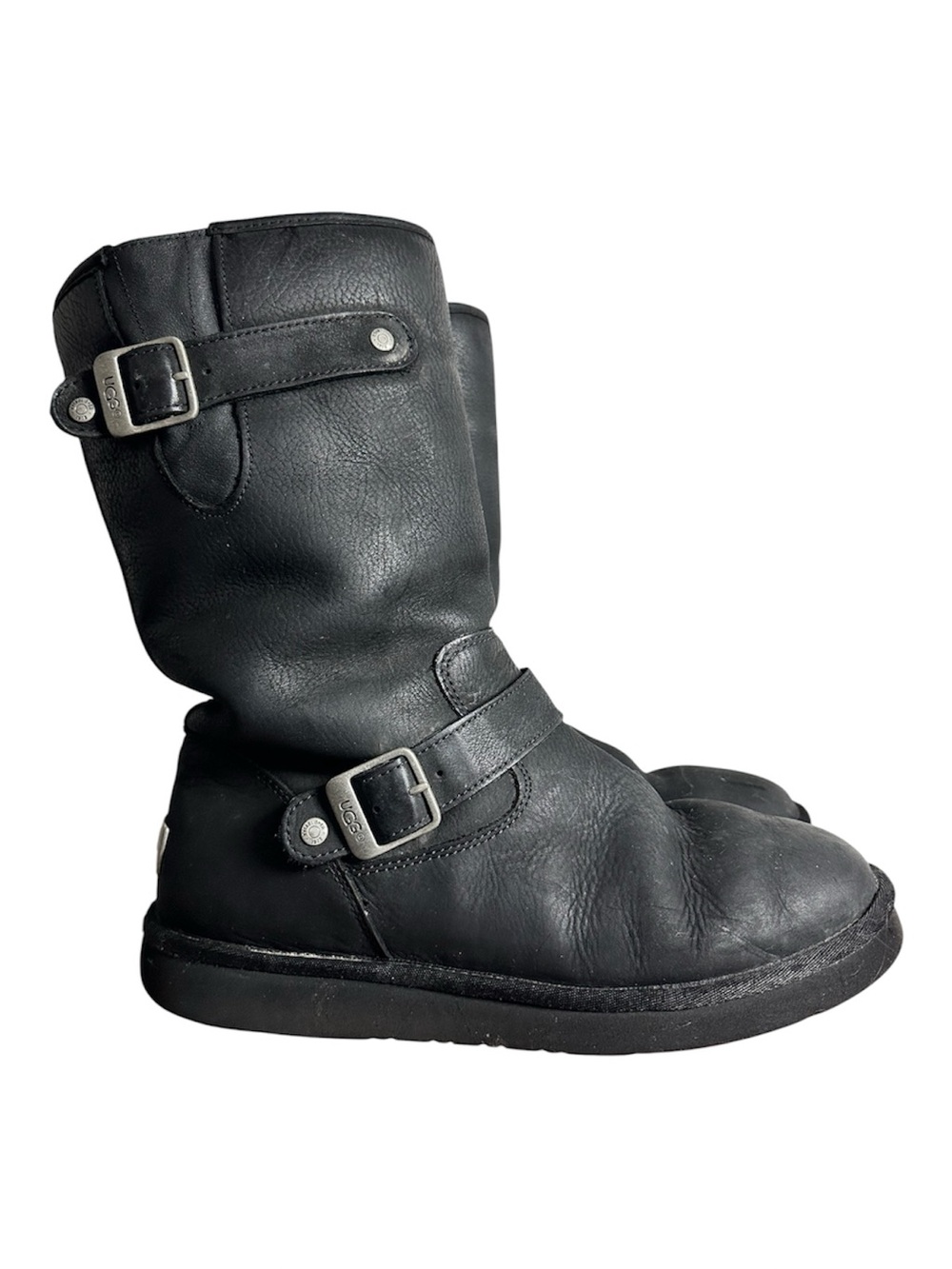 UGG Black Leather Kensington Moto Buckle Boots